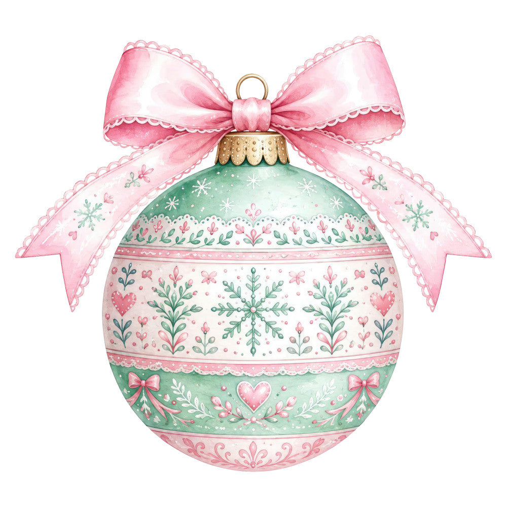 pink bow, sage green, soft pink, mint green, christmas ornament, holiday, festive, whimsical, elegant, traditional, snowflakes, hearts, floral, botanical, leaves, decorative, vintage, ornamental, damask, lace trim, scalloped edges, gold accents, seasonal, winter, christmas decoration, romantic, delicate, hand-painted style, victorian, classic christmas