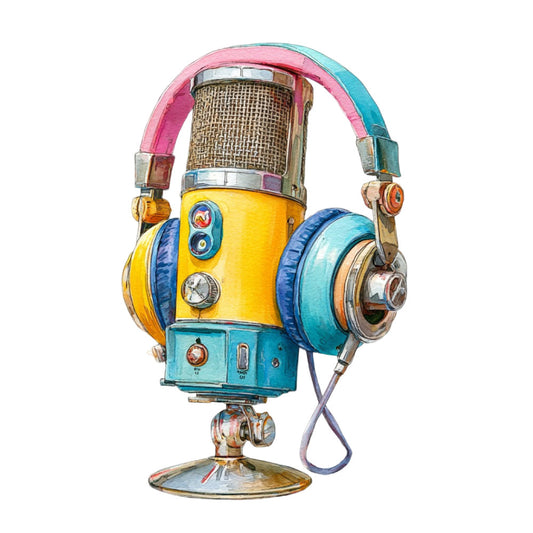 bright yellow, turquoise blue, hot pink, vintage, retro, steampunk, whimsical, industrial, mechanical, gadgets, gears, headphones, music, whimsical creatures, abstract mechanical, playful, nostalgic, mid-century modern, artistic, colorful, fun, imaginative, creative, unique design, conversation print, statement fabric, character panel, illustration art