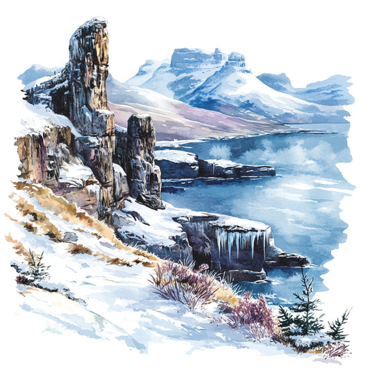winter landscape, scotland scenery, watercolor style, fabric panel, quilting cotton, coastal cliffs, snow covered mountains, icy blue water, rocky formations, frozen icicles, purple heather, evergreen trees, serene mood, nature scene, cool blues, soft purples, cream whites, golden browns, mountain vista, winter seascape