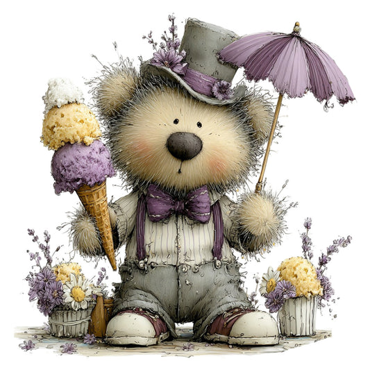 cute bear, whimsical, lavender purple, cream, soft yellow, pastels, animal character, teddy bear, ice cream cone, umbrella, flowers, floral, daisy, nature, vintage style, storybook illustration, children's, gentle, soft colors, spring, summer, decorative motifs, botanical, cute character, playful, illustration style, nursery, adorable, quirky charm