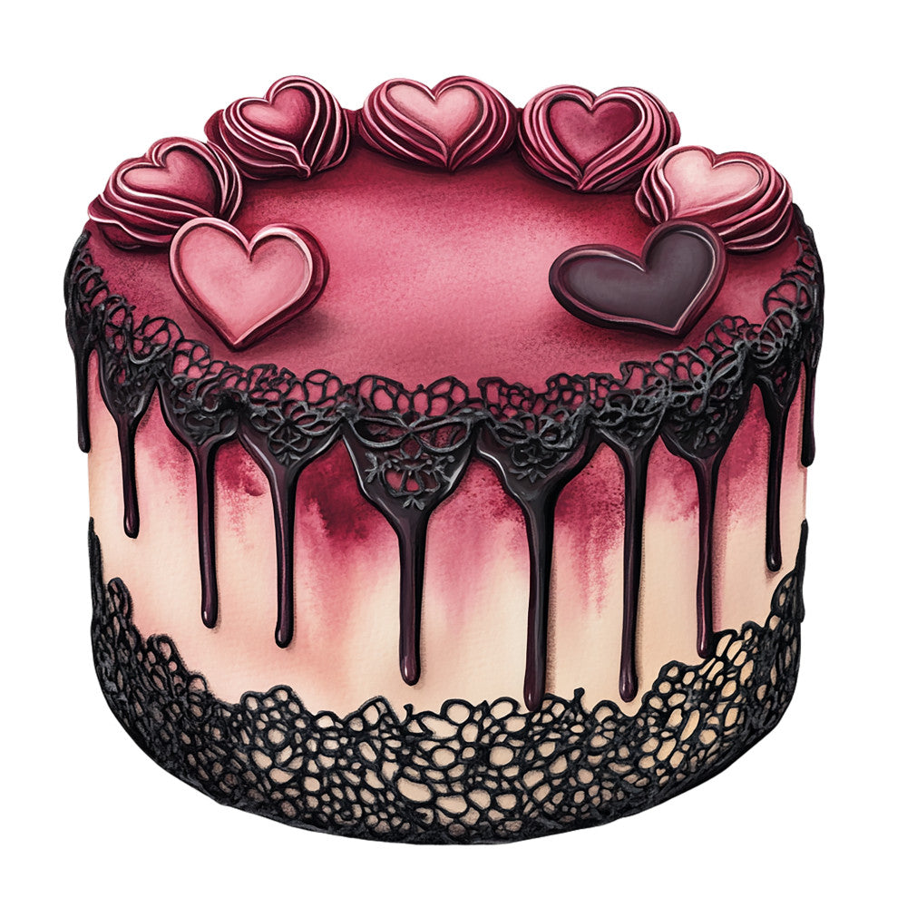 burgundy, maroon, pink, cream, black, drip cake, chocolate hearts, lace trim, gothic romance, valentines, fabric panel, quilting cotton, dessert motif, romantic cake, dark aesthetic, vintage lace, heart decorations, dripping chocolate, bakery theme, love themed