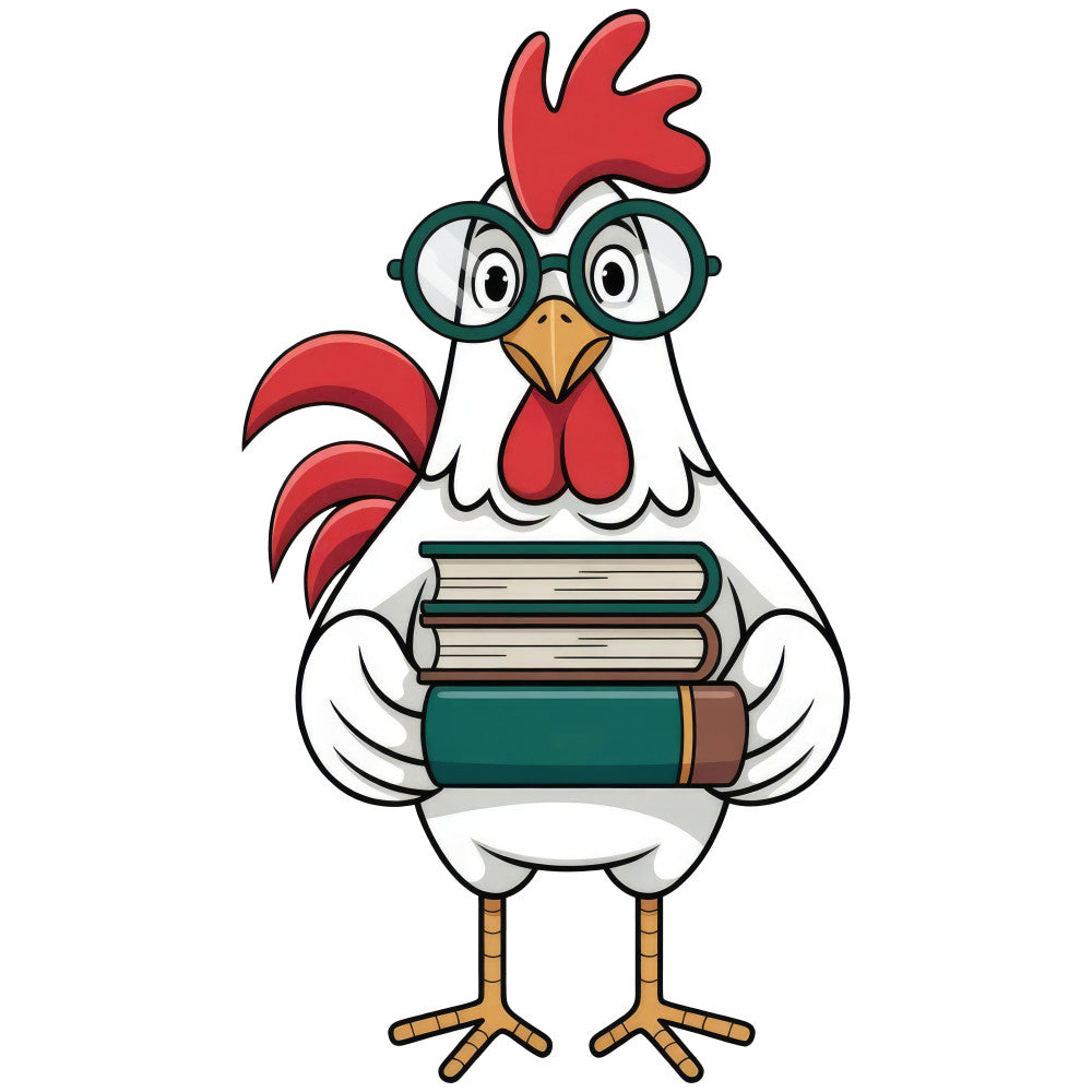 rooster, chicken, farmhouse, red and white, forest green, teal, glasses, book lover, literary, teacher, school, educational, whimsical, vintage, folk art, country, rural, humorous, fun, character, novelty, animals, birds, poultry, cream white, gold, tan, reading theme, intellectual, quirky