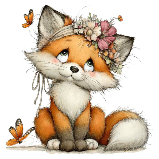 fox, orange, cream, white, rust, floral, whimsical, woodland, animals, nature, butterflies, flowers, spring, summer, cute, sweet, children, baby, nursery, illustration, artistic, elegant, gentle, soft colors, garden, wildflowers, delicate, decorative, charming
