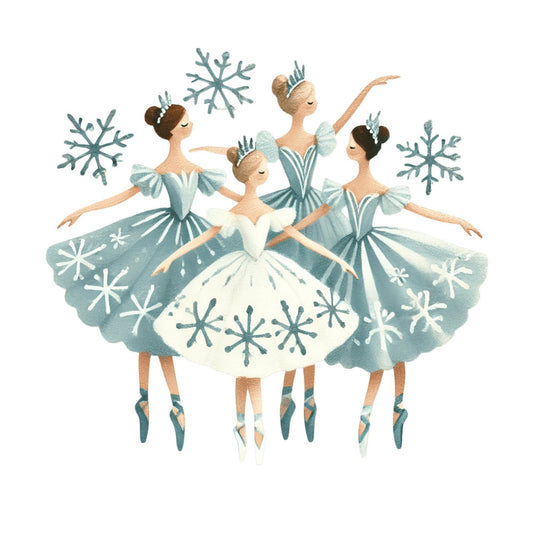 ice blue, sage green, cream white, teal, ballet, winter, snowflakes, ice crystals, dancing, ballerinas, ballet dancers, tutu, pointe shoes, whimsical, elegant, fairy tale, frozen, winter themed, celestial, magical, enchanted, children, girls, nursery, baby quilt, wall hanging, storybook, illustration, artistic, watercolor style