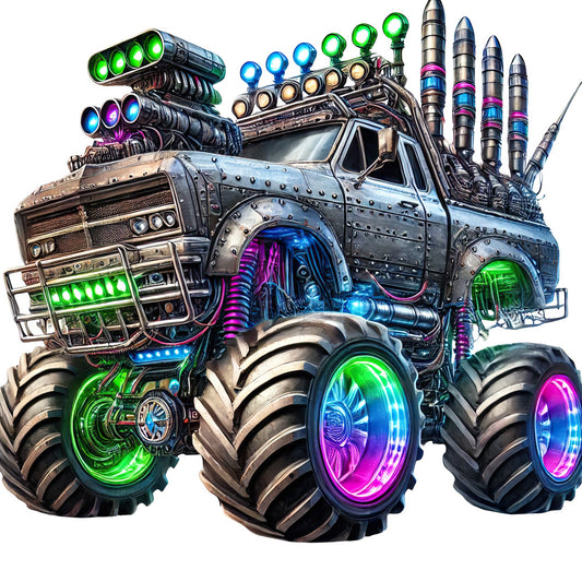 neon green, neon pink, neon blue, neon purple, cyberpunk, steampunk, futuristic, sci-fi, monster truck, vehicle, glow-in-the-dark, illuminated, glowing lights, industrial, mechanical, metallic, chrome, gears, rockets, weapons, bold, edgy, modern, rebellious, youth, boys, men, novelty, whimsical, action-packed