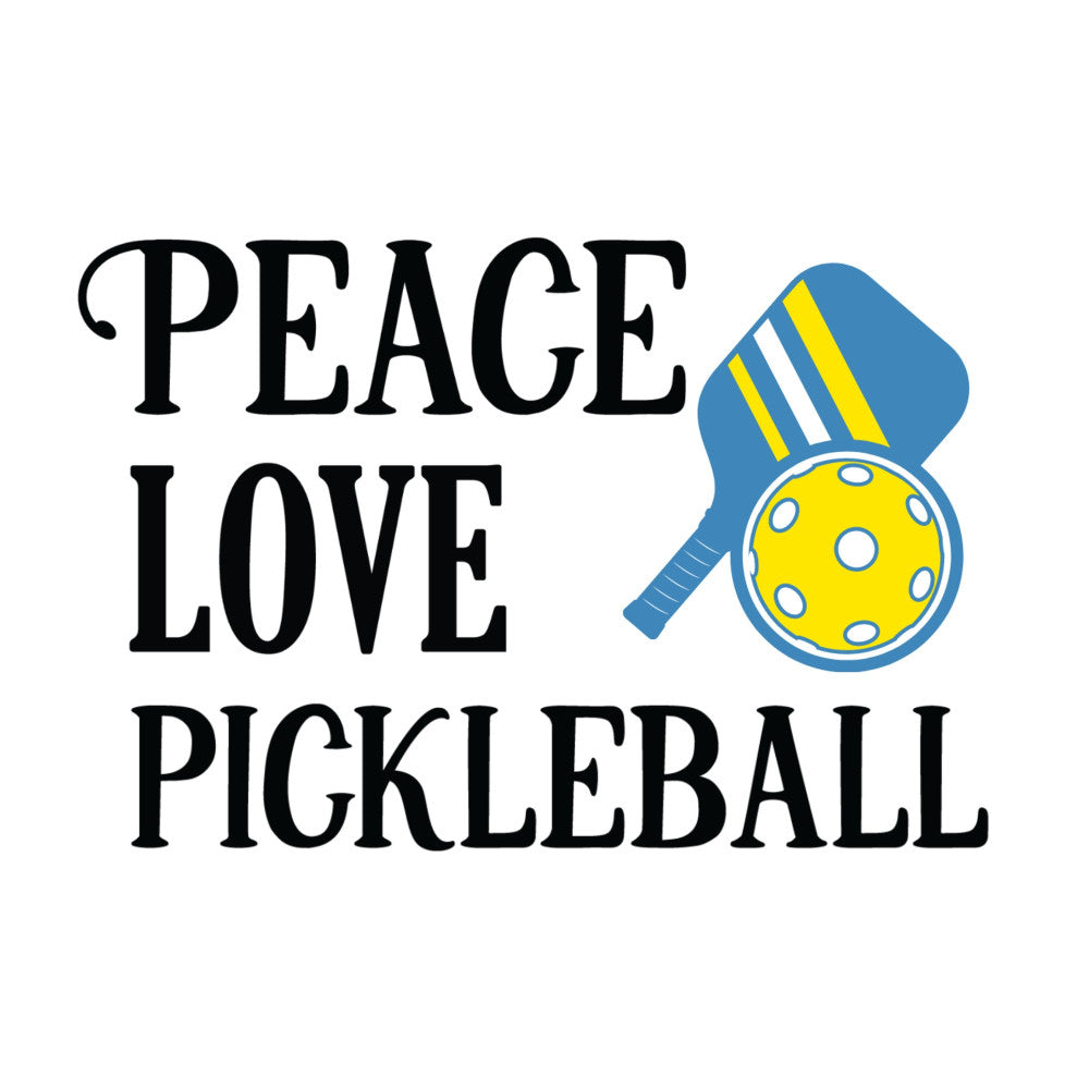 peace love pickleball, pickleball, sports, yellow paddle, blue paddle, yellow ball, white polka dots, recreational sports, athletic, modern, fun, motivational, inspirational, hobby, leisure activity, court sports, paddle sports, yellow and blue, sports theme, casual style, whimsical, playful, text design, typography, graphic design, gift idea, sports enthusiast