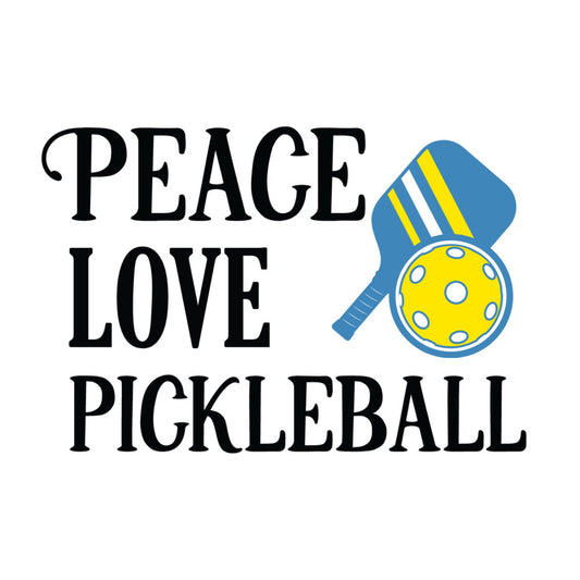 peace love pickleball, pickleball, sports, yellow paddle, blue paddle, yellow ball, white polka dots, recreational sports, athletic, modern, fun, motivational, inspirational, hobby, leisure activity, court sports, paddle sports, yellow and blue, sports theme, casual style, whimsical, playful, text design, typography, graphic design, gift idea, sports enthusiast