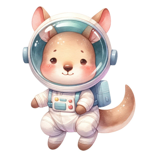 astronaut animal, cute animal, mouse astronaut, space themed, whimsical, pastel colors, soft pink, cream, sage green, teal blue, lavender, animal character, children's, baby, nursery, space explorer, kawaii, adorable, illustration style, modern, playful, sweet face, rosy cheeks, sci-fi theme, cosmic, adventure themed, gender neutral, toddler friendly