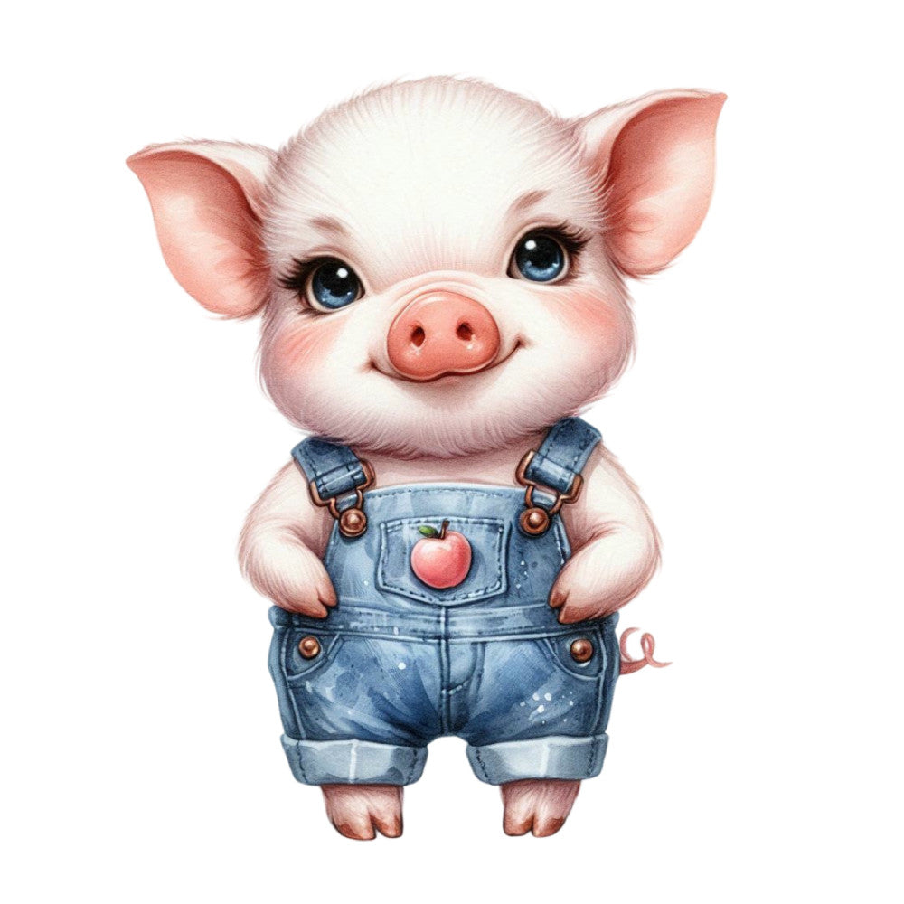 cute pig, farm animals, denim blue, white, coral pink, whimsical, children's, baby, farmhouse, rural, overalls, denim overalls, apple motif, red apple, smiling pig, friendly animals, playful, charming, rustic, pastoral, countryside, animal characters, illustrated animals, novelty, kids fabric, nursery, spring, sweet, adorable, character panel