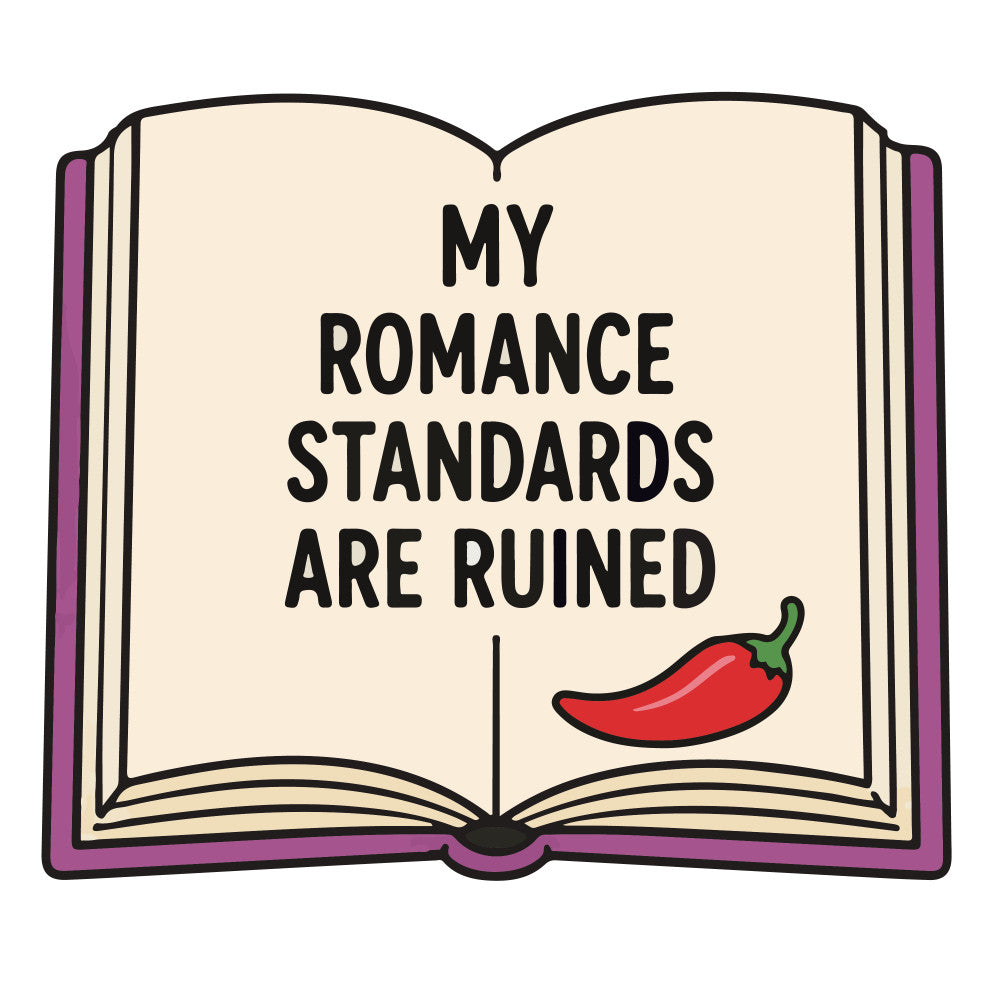 purple, cream, red, chili pepper, book, open book, literary, humorous, funny, whimsical, novelty, text, quote, spicy, kitchen, modern, playful, home decor, wall hanging, romance, love, contemporary, statement, quirky, witty, conversation starter, foodie, chili themed, illustrated