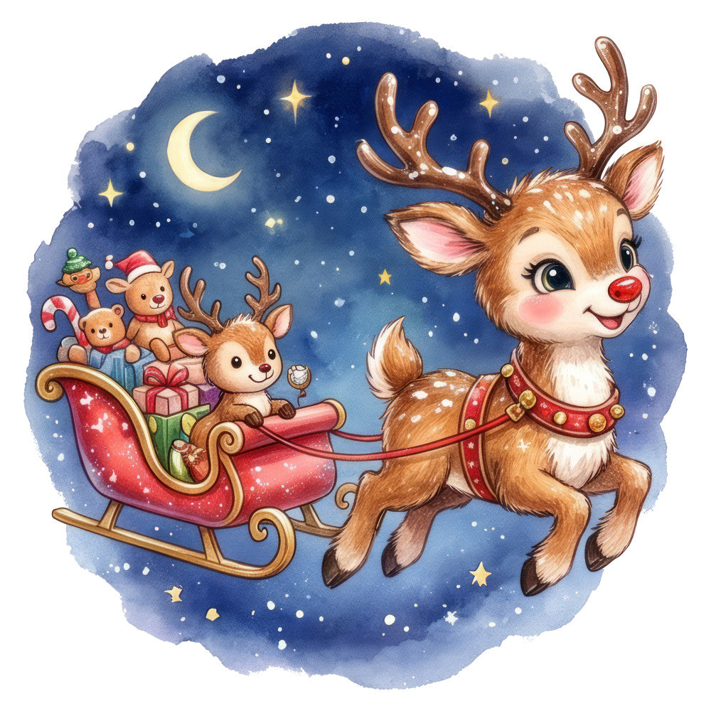 navy blue, cream, gold, red, brown, celestial, night sky, moon, stars, reindeer, rudolph, red-nosed reindeer, christmas, holiday, winter, whimsical, magical, festive, animals, toys, teddy bear, candy cane, gifts, sleigh, nostalgic, vintage, children, kids, traditional, enchanting