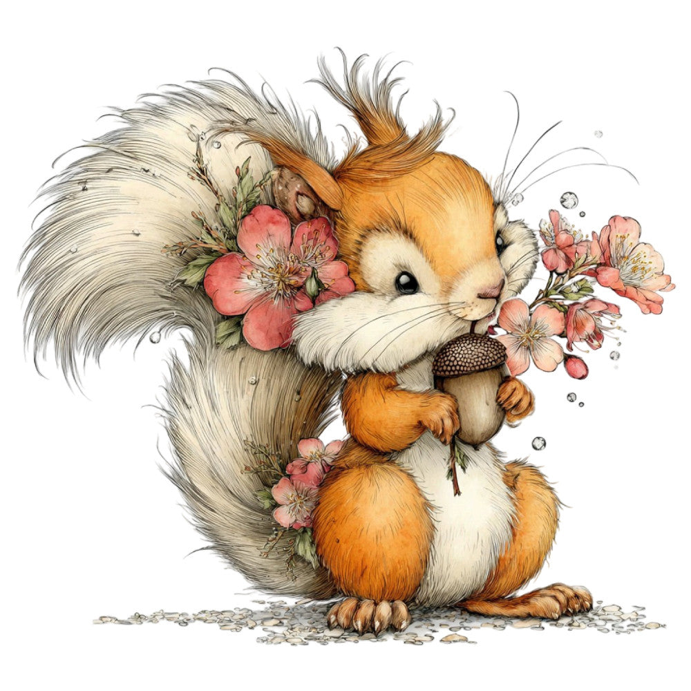 cute squirrel, woodland animal, orange and cream, dusty rose, coral pink, sage green, floral, nature themed, whimsical, children's, baby, springtime, flowers, acorns, seeds, forest creatures, gentle, soft colors, illustration, storybook, nursery, feminine, botanical, delicate, vintage style, countryside, adorable, playful, pastoral