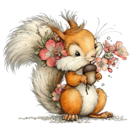 cute squirrel, woodland animal, orange and cream, dusty rose, coral pink, sage green, floral, nature themed, whimsical, children's, baby, springtime, flowers, acorns, seeds, forest creatures, gentle, soft colors, illustration, storybook, nursery, feminine, botanical, delicate, vintage style, countryside, adorable, playful, pastoral