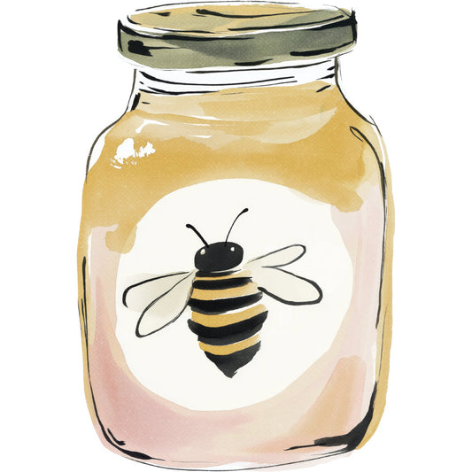 honey bee, bees, jar, mason jar, honey, black and gold, golden yellow, cream, soft pink, blush pink, insects, nature, whimsical, modern, botanical, spring, summer, bee themed, hand drawn, watercolor, illustration, cute, sweet, kitchen, home decor, wall hanging, apiary, beekeeping, minimalist, contemporary