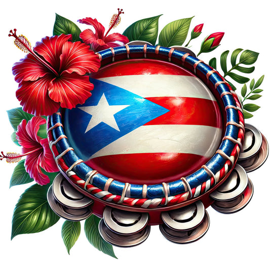 puerto rico flag, red white blue, hibiscus flowers, tropical flowers, patriotic, cultural, caribbean, national pride, floral wreath, maracas, musical instruments, festive, celebration, latin american, vibrant colors, deep red, white, cobalt blue, green leaves, burgundy flowers, decorative border, ornamental, festive design, traditional, cultural pride, island theme, latin heritage, vibrant tropical, wall hanging, home decor