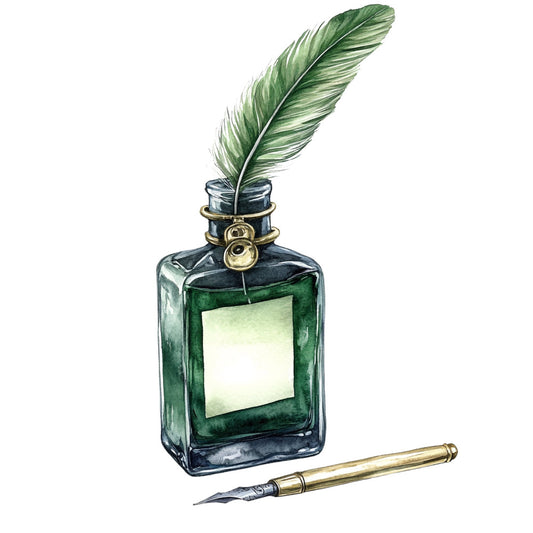forest green, dark teal, navy blue, gold, brass, ink bottle, feather quill, writing, vintage, literary, classic, elegant, whimsical, botanical, nature-inspired, quill pen, antique, traditional, artistic, writer, author, steampunk, victorian, nostalgic, home decor, wall art, creative, ink and feather, timeless, stationery-inspired
