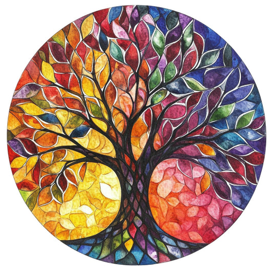 tree of life, stained glass, colorful leaves, autumn colors, jewel tones, yellow, orange, red, coral pink, burgundy, purple, deep blue, navy, emerald green, multicolor, abstract, nature, botanical, circular design, mandala-inspired, modern, whimsical, artistic, bold colors, fall foliage, vibrant, rainbow colors, wall hanging, home decor, seasonal