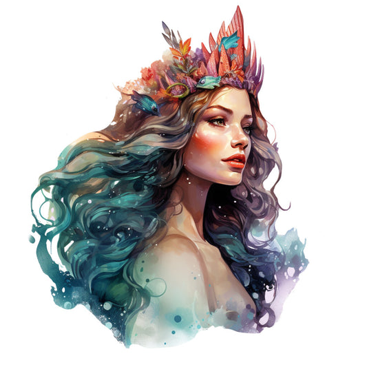 mermaid, fantasy portrait, teal hair, coral crown, watercolor style, ocean themed, mythical creature, flowing hair, feathers, crystals, turquoise, coral pink, purple accents, whimsical art, fabric panel, quilting cotton, sea goddess, enchanted, magical being, watercolor splashes