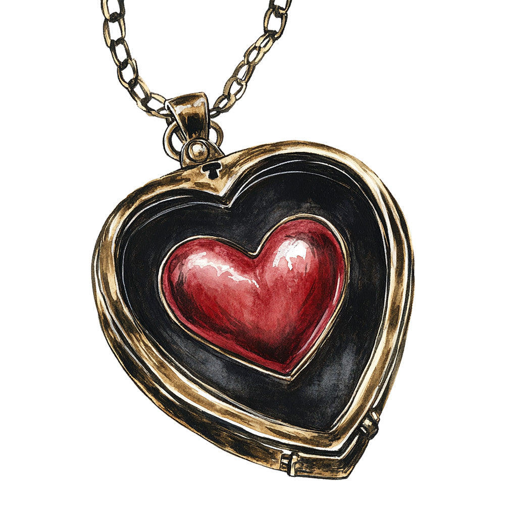heart locket, red heart, black enamel, gold chain, brass metal, romantic jewelry, gothic romance, valentine motif, burgundy red, antique gold, heart pendant, dark background, vintage locket, love symbol, fabric panel, quilting cotton, romantic theme, gothic style, jewelry illustration, crimson heart