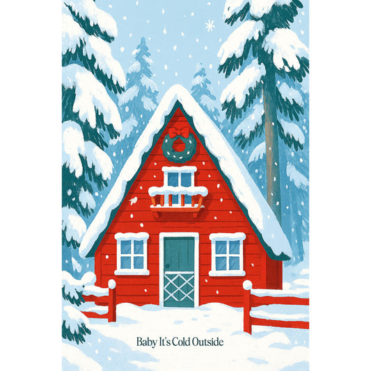 red cabin, winter scene, snow covered trees, evergreen trees, snowy landscape, christmas wreath, fabric panel, quilting cotton, holiday themed, cozy cottage, white snow, teal door, triangular roof, forest setting, festive decoration, winter wonderland, christmas fabric, seasonal quilting, holiday crafting, snowy pine trees