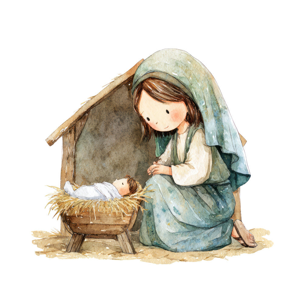 nativity, manger scene, mary and baby jesus, religious, christmas, winter, spiritual, sage green, cream, soft blue, beige, tan, muted tones, watercolor, illustrated, whimsical, gentle, peaceful, traditional, vintage, rustic, farmhouse, nativity scene, holy night, christian, seasonal, baby quilt, wall hanging, children's, sweet