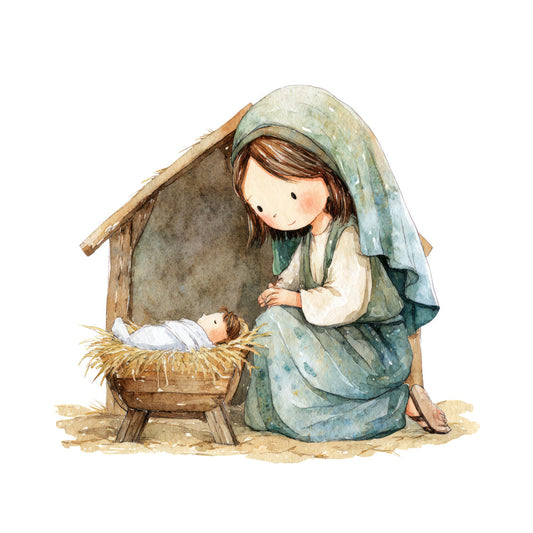 nativity, manger scene, mary and baby jesus, religious, christmas, winter, spiritual, sage green, cream, soft blue, beige, tan, muted tones, watercolor, illustrated, whimsical, gentle, peaceful, traditional, vintage, rustic, farmhouse, nativity scene, holy night, christian, seasonal, baby quilt, wall hanging, children's, sweet