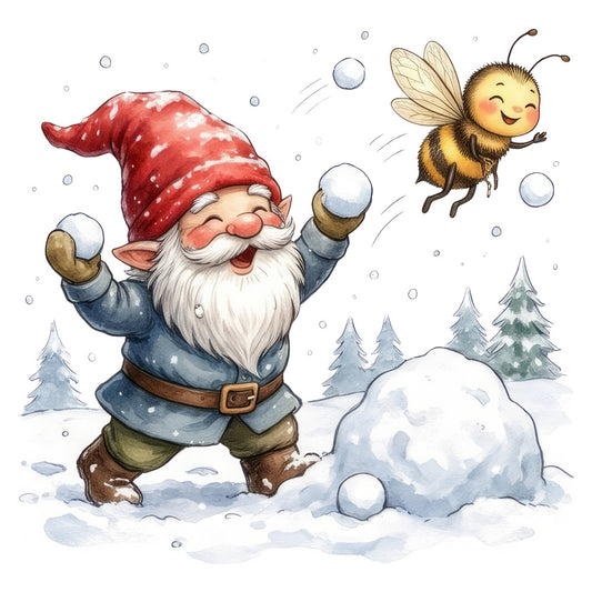 gnome, bee, holiday, christmas, winter, snow, snowflake, red hat, whimsical, festive, cheerful, navy blue, cream, forest green, woodland, nature, magical, children's, playful, vintage, rustic, enchanted forest, snowball, winter scene, evergreen trees, cute characters, seasonal, december, joyful, charming