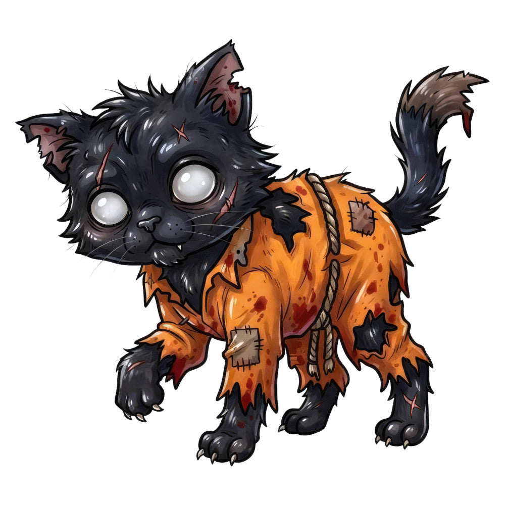 black cat, orange pumpkin, halloween, spooky, cute monsters, creepy cute, dark orange, burnt orange, black fur, white eyes, stitched details, whimsical, playful, autumn, fall, holiday, halloween costume, patchwork, damaged clothing, ragged edges, torn fabric look, embroidered details, children's fabric, novelty print, festive, seasonal, trick or treat, pumpkin patch, scary cute, horror themed