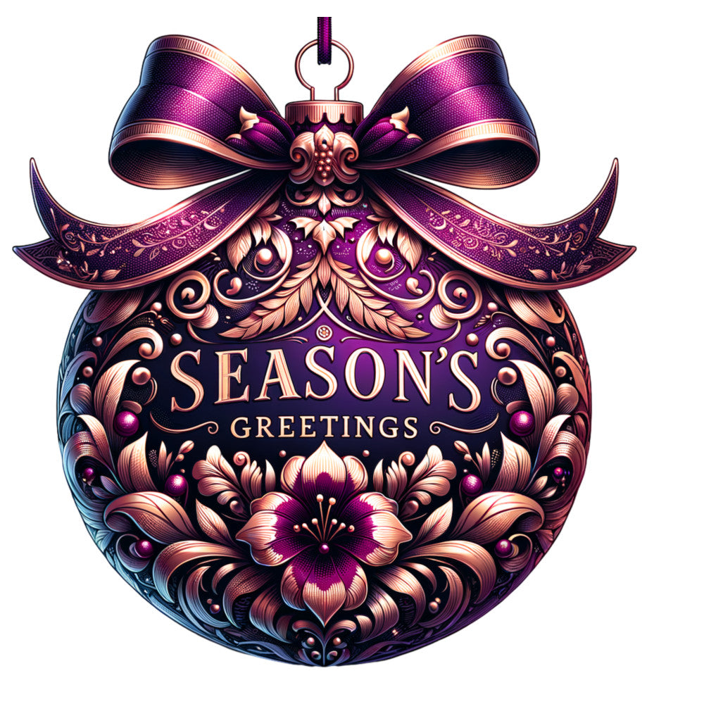 christmas ornament, fabric panel, purple, magenta, copper, rose gold, metallic accents, ornate bow, floral motifs, decorative swirls, baroque style, elegant design, holiday theme, seasonal fabric, quilting cotton, festive ornament, intricate patterns, luxurious colors, christmas decoration, ornamental details