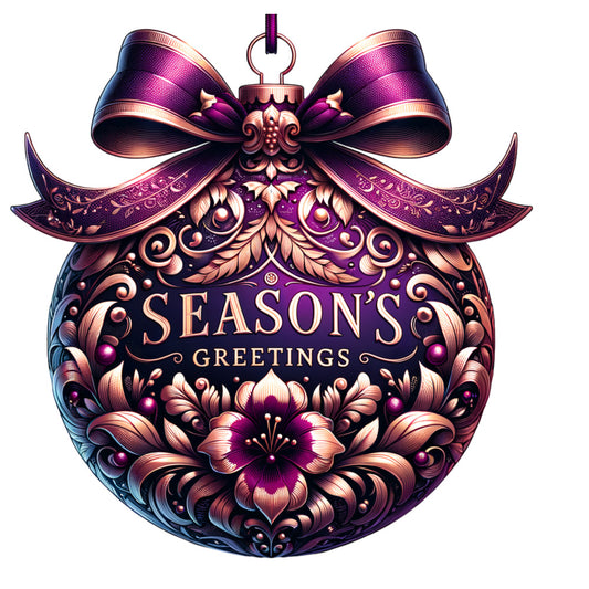 christmas ornament, fabric panel, purple, magenta, copper, rose gold, metallic accents, ornate bow, floral motifs, decorative swirls, baroque style, elegant design, holiday theme, seasonal fabric, quilting cotton, festive ornament, intricate patterns, luxurious colors, christmas decoration, ornamental details