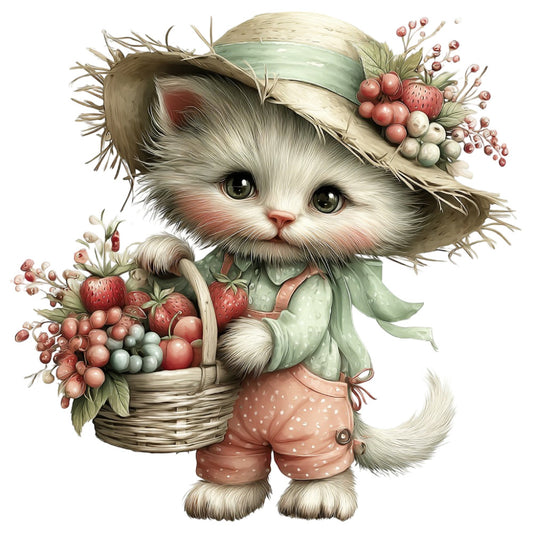 cute cat, whimsical, animal, strawberry, berries, red berries, cream white, sage green, dusty rose, peach, woodland, cottage core, vintage, storybook, children's, baby, folk art, illustration, nature, spring, summer, harvest, berry picking, hat, basket, adorable, decorative, wall hanging, quilt panel, nursery