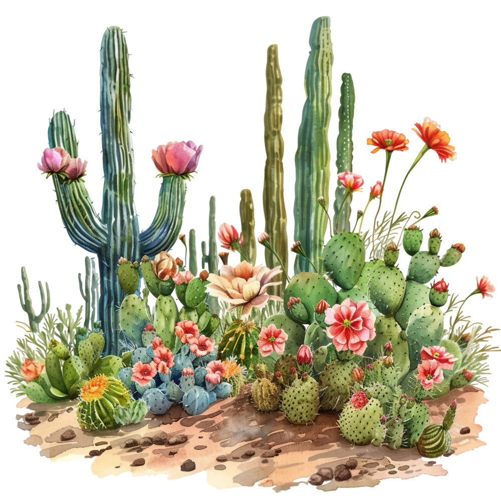 watercolor, desert landscape, cactus garden, saguaro cactus, prickly pear, succulent plants, coral flowers, pink blooms, orange blossoms, green cacti, sandy ground, rocks and pebbles, botanical illustration, summer flora, desert scene, fabric panel, quilting cotton, nature motif, southwestern design, blooming desert