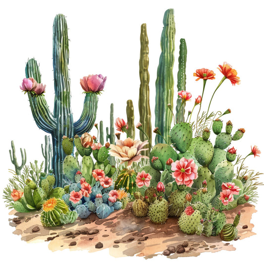 watercolor, desert landscape, cactus garden, saguaro cactus, prickly pear, succulent plants, coral flowers, pink blooms, orange blossoms, green cacti, sandy ground, rocks and pebbles, botanical illustration, summer flora, desert scene, fabric panel, quilting cotton, nature motif, southwestern design, blooming desert