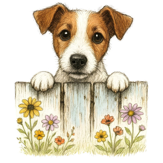 dog, puppy, jack russell terrier, brown and white, cream, tan, golden brown, white, floral, flowers, daisies, yellow flowers, pink flowers, orange flowers, nature, animals, pets, whimsical, charming, cottage core, farmhouse, rustic, spring, summer, garden, botanical, fence, wooden fence, adorable, children's