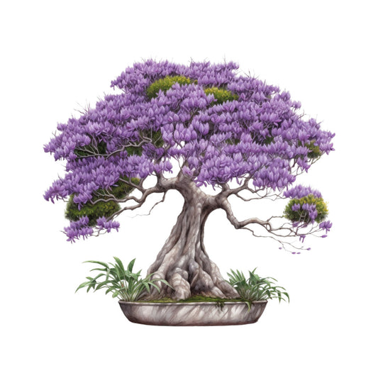 purple, lavender, green, brown, gray, bonsai tree, flowering tree, fabric panel, botanical, nature, zen, japanese style, miniature tree, potted plant, moss, branches, trunk, serene, peaceful, quilting cotton