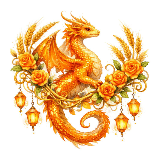 golden dragon, gold, orange, amber, yellow, wheat, harvest gold, fiery orange, burnt orange, floral, roses, ornamental, fantasy, mythical creatures, dragon, decorative, elegant, whimsical, autumn, harvest, fall, lanterns, wheat sheaves, scrollwork, ornate, marigold, vibrant, enchanted, magical, celestial