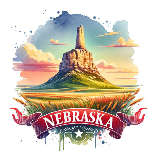 US States Retro Travel Fabric Panel 21 featuring artistic Nebraska landscape with monument and wheat fields in vibrant colors.
