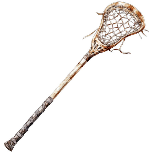 lacrosse stick, sports equipment, vintage sports, brown, tan, bronze, leather wrapped handle, mesh net, athletic gear, sports theme, vintage sporting equipment, masculine, rustic, nostalgic, collectible sports, traditional sports, heritage athletic, tan and brown, woven mesh, sports memorabilia, vintage recreation, athletic equipment print, sports history, traditional games, outdoor sports, vintage nostalgia, sports illustration