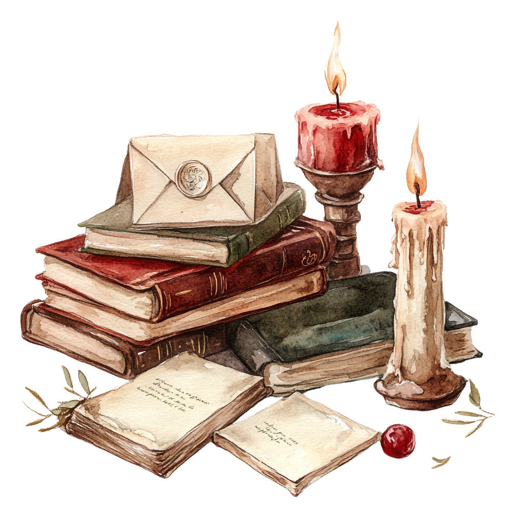 vintage books, literary, antique, cream, burgundy red, forest green, burnt orange, brown, rustic, elegant, traditional, nostalgic, storybook, reading, letters, candles, candlelight, autumn, fall, academia, scholarly, classic literature, old world, historical, book lover, library, ink, parchment, wax seal, timeless