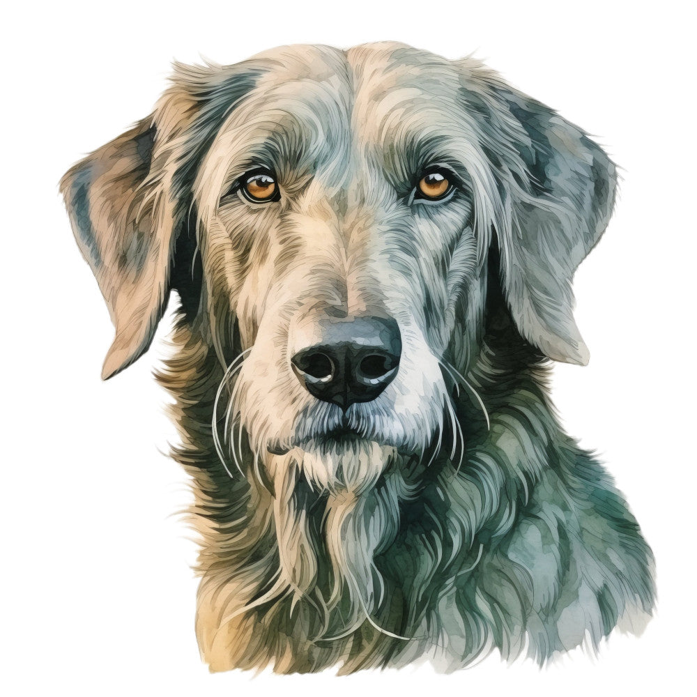 dog portrait, golden retriever, gray dog, cream colored, sage green, tan and white, animal lover, pet themed, dog breed, realistic illustration, watercolor style, gentle expression, warm eyes, amber eyes, faithful friend, dog art, pet portrait, animal illustration, nature themed, dog lover gift, home decor, wall art, traditional style, elegant design, detailed fur texture, peaceful, serene, companion animal, wildlife art, dog face