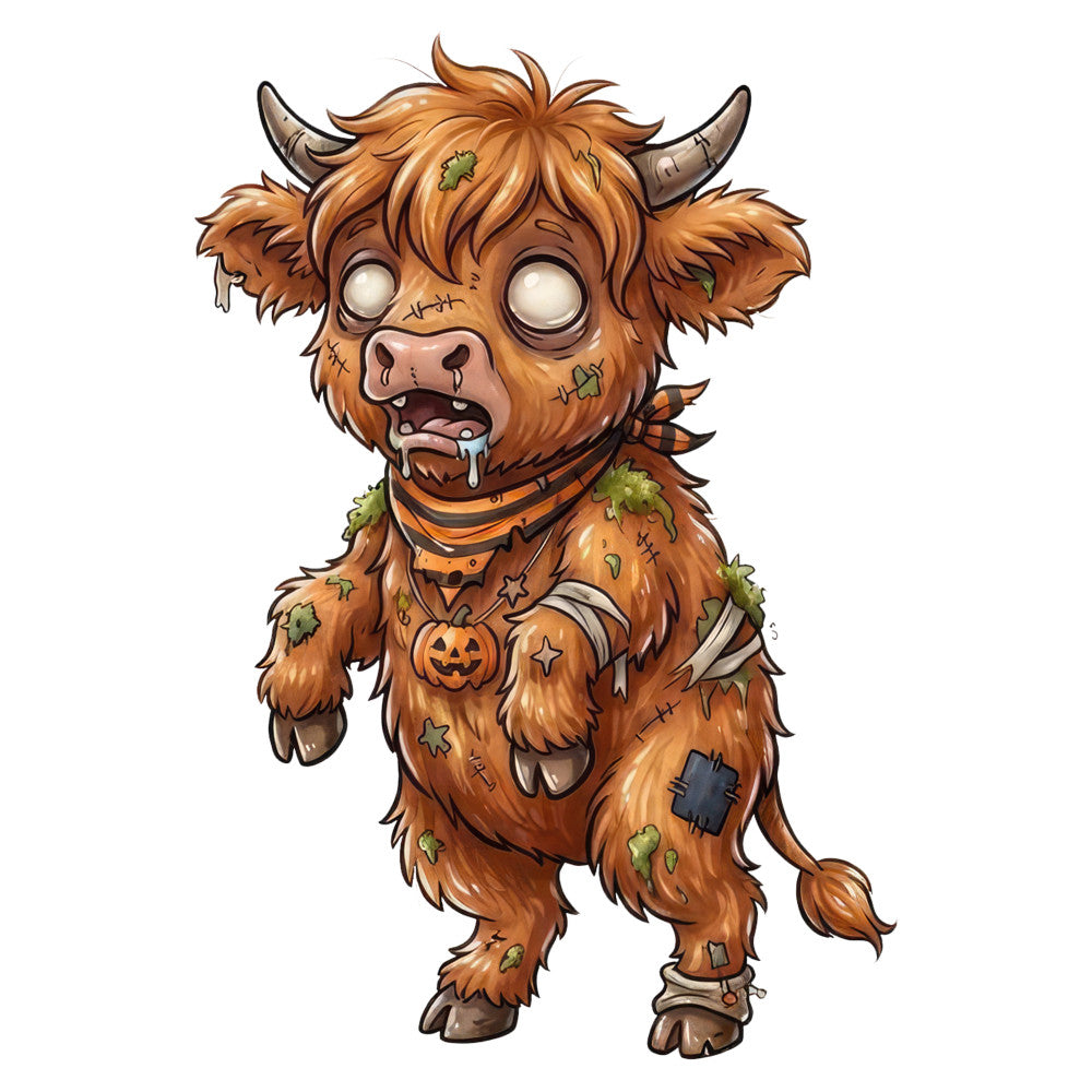 brown, rust orange, tan, cream, green, burnt orange, halloween, autumn, fall, zombie, undead, monster, cute, whimsical, spooky, creepy, stitched, patched, damaged, folk art, primitive, quirky, animal, bull, ox, highland cattle, horror, dark humor, novelty, character design
