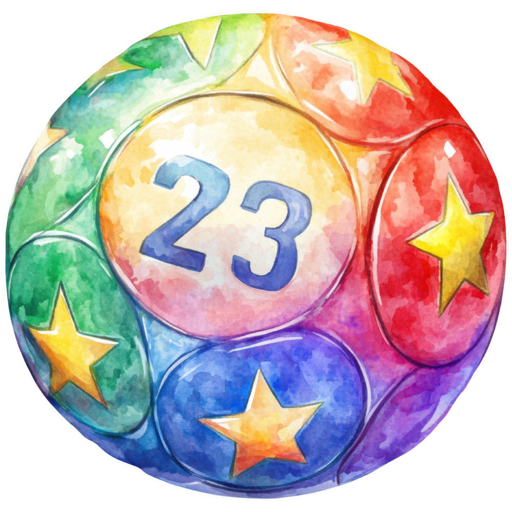 watercolor, rainbow colors, vibrant hues, red, orange, yellow, green, blue, purple, bingo ball, number 23, stars, circular design, swirling pattern, fabric panel, quilting cotton, bright colors, game theme, lottery ball, decorative motifs, craft fabric, sewing material