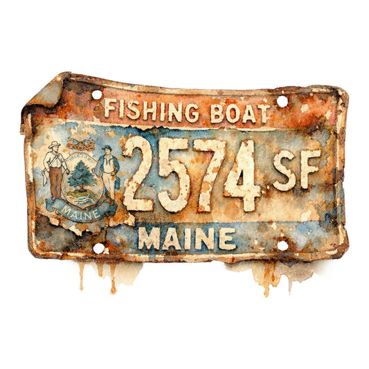 fishing boat, nautical, vintage, rusty orange, rust, weathered, distressed, patina, maine, license plate, registration plate, coastal, maritime, retro, americana, americana signs, industrial, grunge, blue, cream, sepia, aged, antique, ocean, fisherman, heritage, traditional, collectible, rustic americana