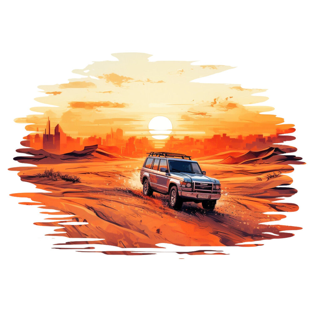 orange sunset, desert landscape, suv vehicle, off-road adventure, warm amber tones, golden yellow, deep orange, rust colors, mountain silhouettes, fabric panel, quilting cotton, scenic vista, adventure theme, automotive design, sandy terrain, horizon line, travel motif, outdoor exploration, brushstroke effect, wilderness scene