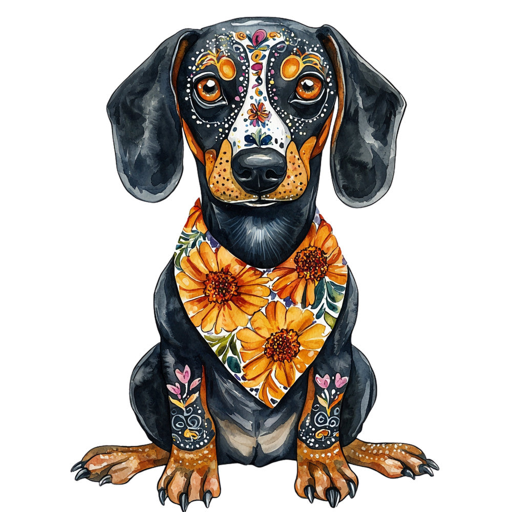 dachshund, dog, sugar skull, día de muertos, day of the dead, black dog, sunflower, floral, orange, gold, black, white, pink, folk art, bohemian, whimsical, festive, colorful, mexican inspired, decorative, animal lover, pet themed, bandana, botanical, detailed, artistic, vibrant, spring, summer, wall hanging