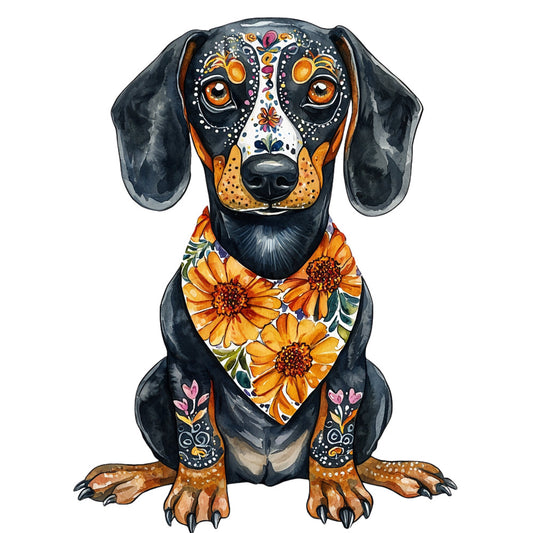 dachshund, dog, sugar skull, día de muertos, day of the dead, black dog, sunflower, floral, orange, gold, black, white, pink, folk art, bohemian, whimsical, festive, colorful, mexican inspired, decorative, animal lover, pet themed, bandana, botanical, detailed, artistic, vibrant, spring, summer, wall hanging