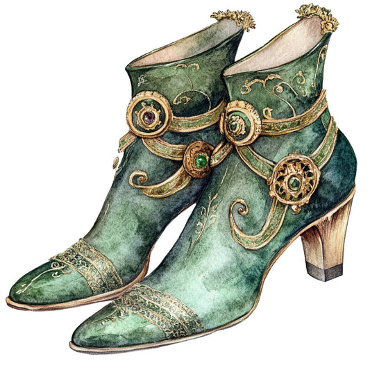 forest green, sage green, gold, jewel tones, vintage boots, ornate, decorative, historical, steampunk, victorian, elegant, luxury, ornamental, embellished, gemstones, fashion illustration, footwear, baroque, antique, fashion history, dress boots, heeled boots, velvet texture, ornate details, scrollwork, filigree, period costume, historical fashion, botanical elements, romantic