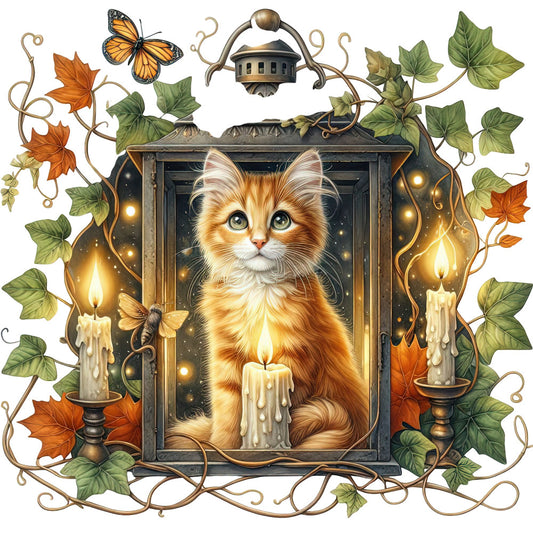 orange cat, ginger kitten, golden yellow, forest green, burnt orange, cream, bronze, candlelight, autumn leaves, ivy vines, magical, whimsical, steampunk, vintage, ornate frame, candles, butterfly, fall, halloween, enchanted, gothic, fantasy, cozy, warm tones, nature, botanical, decorative border, lantern, mystical, celestial glow