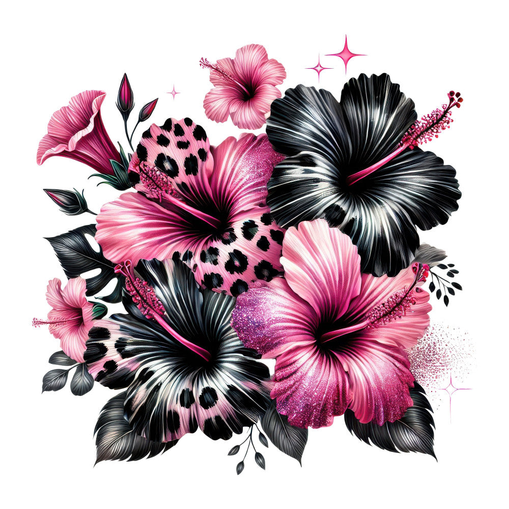 hot pink, magenta, black, white, floral, hibiscus, leopard print, animal print, sparkle, glitter, stars, nature, modern, bold, dramatic, elegant, whimsical, contemporary, tropical, botanical, feminine, glamorous, decorative, embellished, mixed pattern, statement print, artistic, vibrant, contrast, botanical illustration