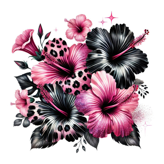 hot pink, magenta, black, white, floral, hibiscus, leopard print, animal print, sparkle, glitter, stars, nature, modern, bold, dramatic, elegant, whimsical, contemporary, tropical, botanical, feminine, glamorous, decorative, embellished, mixed pattern, statement print, artistic, vibrant, contrast, botanical illustration
